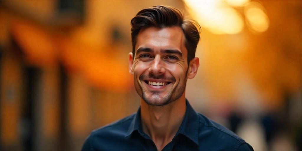 Man with diamond face shape and classic side part hairstyle, wearing dark shirt, romantic background,