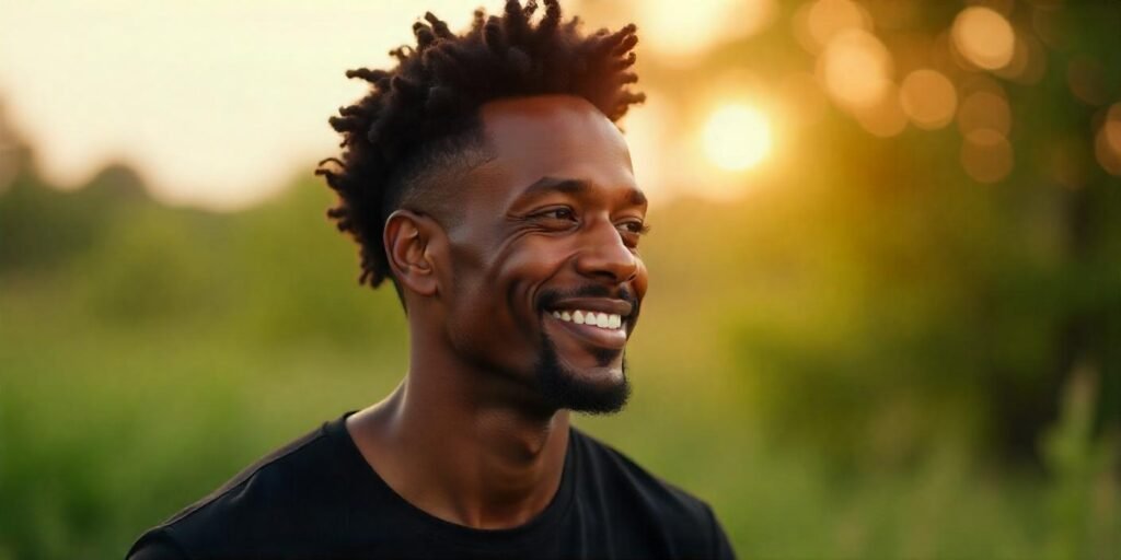 Short afro hairstyle for men with diamond face shape, relaxed and stylish in a romantic outdoor setting