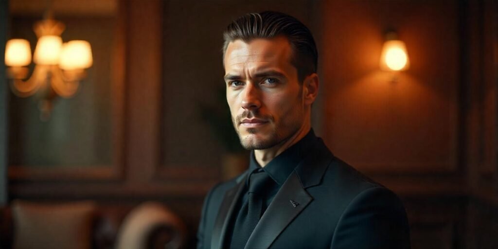 Man with long slick back hairstyle, diamond face shape, wearing a dark suit in a romantic setting