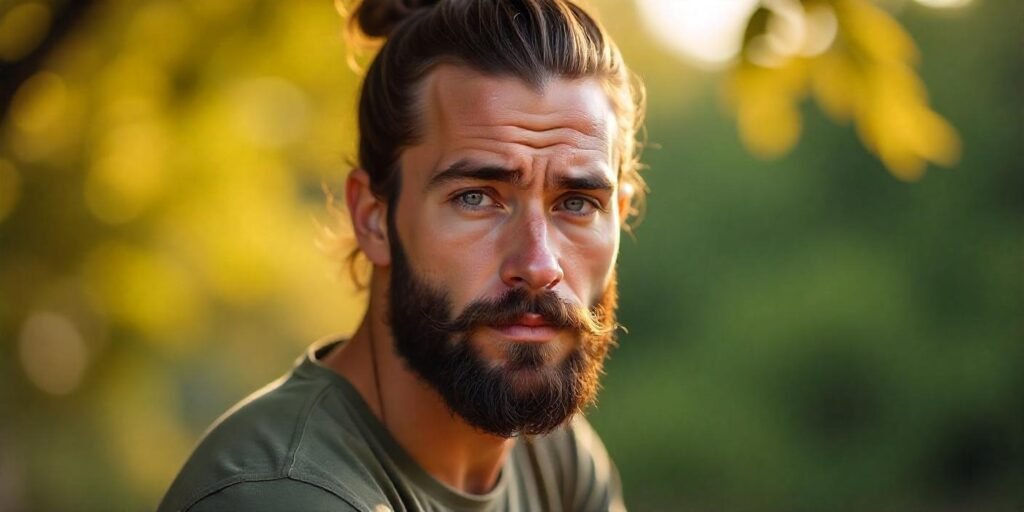 Caucasian man with a diamond face shape sporting a man bun and full beard, creating a bold look.