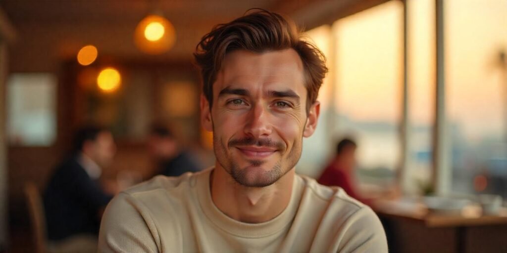 Man with diamond face shape sporting a swept across hairstyle in a romantic background