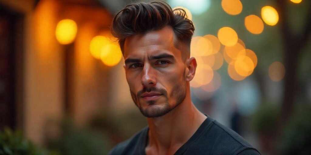 Textured quiff hairstyle for men with diamond face shape, natural and stylish look, romantic background