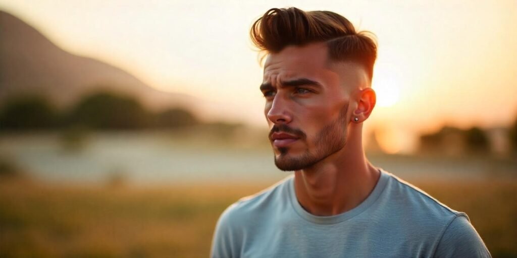 Man with diamond face shape sporting a taper fade haircut in a romantic outdoor setting.