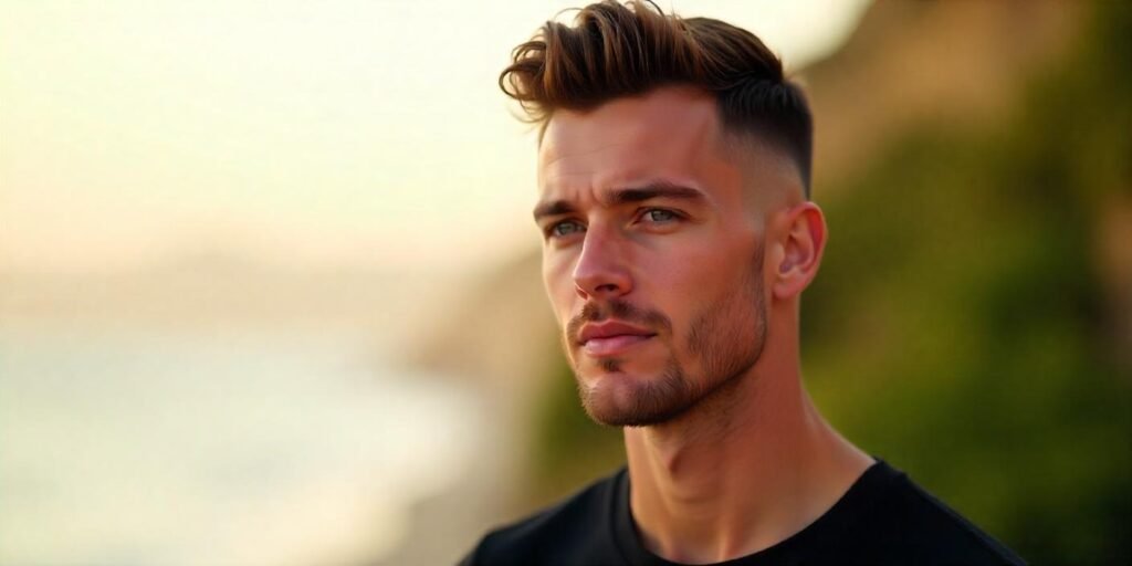 Low fade with textured top hairstyle for diamond face shape, casual outfit, romantic outdoor vibe.