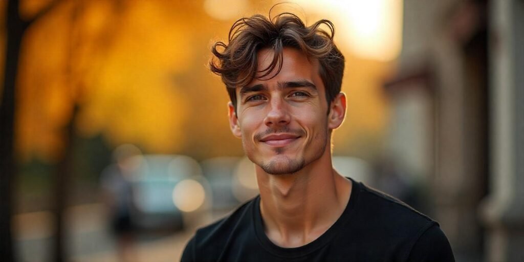 "A young man with a classic shaggy haircut, featuring relaxed, choppy layers that create a natural flow. His hair should have a messy, textured look, reflecting an effortless and low-maintenance style. He is wearing a casual, fitted black shirt, and the background has a soft, romantic ambiance with warm lighting and blurred elements to give a dreamy, intimate vibe. He is standing outdoors, his face in a calm, content expression, with slight natural stubble and clear, smooth skin. His neck should appear realistic, blending seamlessly with his body. His features are soft and natural, with no harsh lines or unrealistic details."