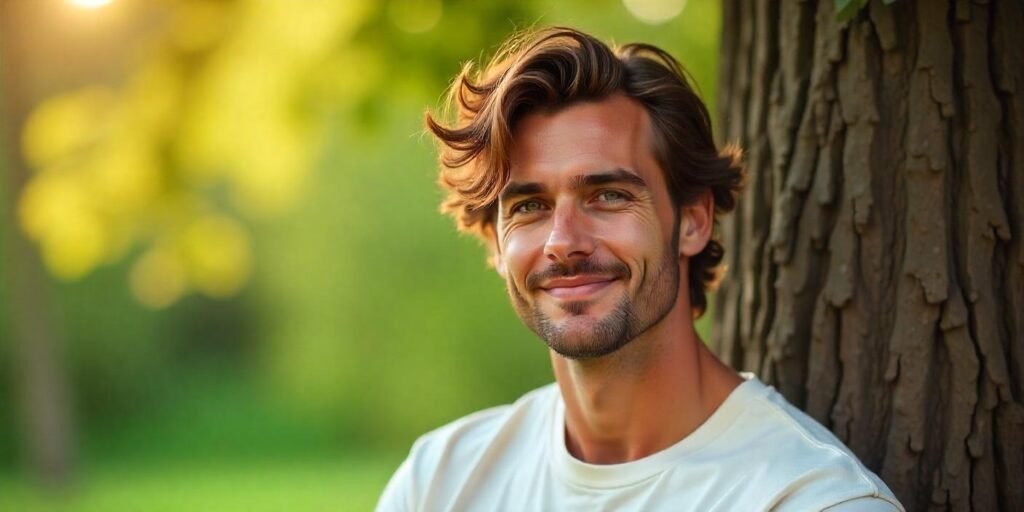"Realistic photo of a male model with a layered shaggy hairstyle, casual outfit, and relaxed facial expression."