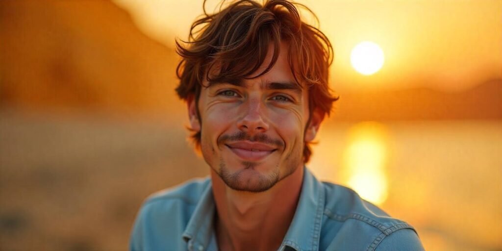 "Shaggy hairstyle with fringe for men, soft romantic background, casual outfit, confident expression"