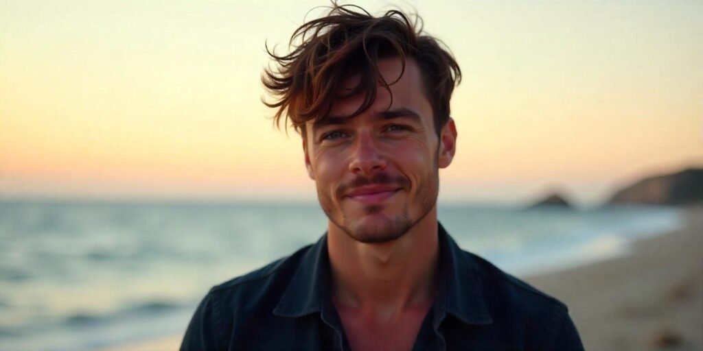 "Man with textured shaggy haircut in casual attire, standing in a romantic setting."