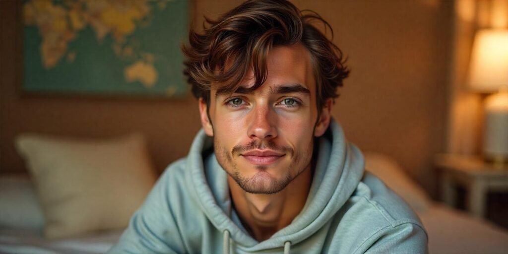 "Man with messy shaggy hairstyle, looking relaxed and confident in a romantic atmosphere."