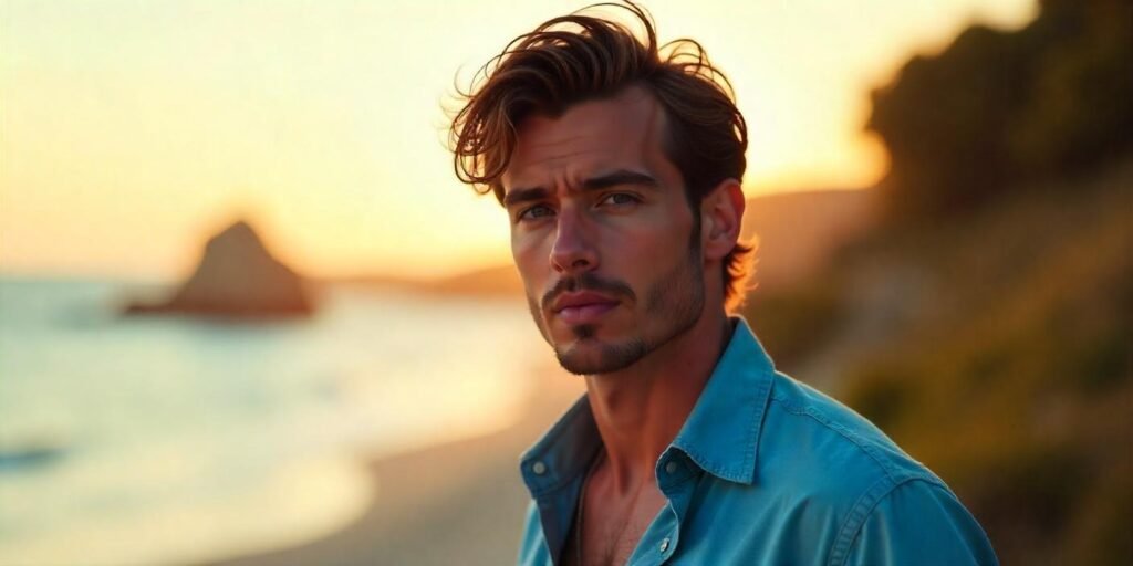 "Shaggy mullet hairstyle on a man, showcasing layered and textured hair with a relaxed expression."