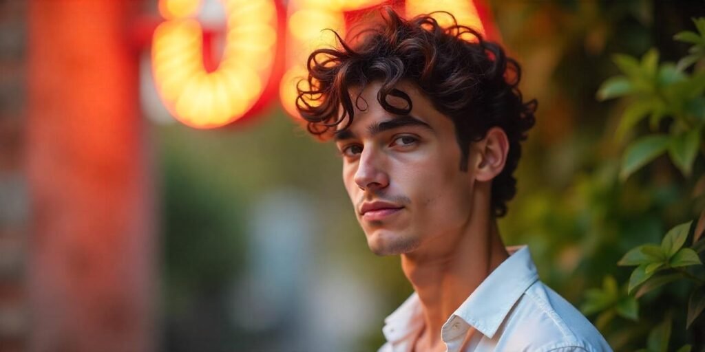 "Man with curly shaggy hairstyle, natural volume, soft romantic background, and casual shirt."