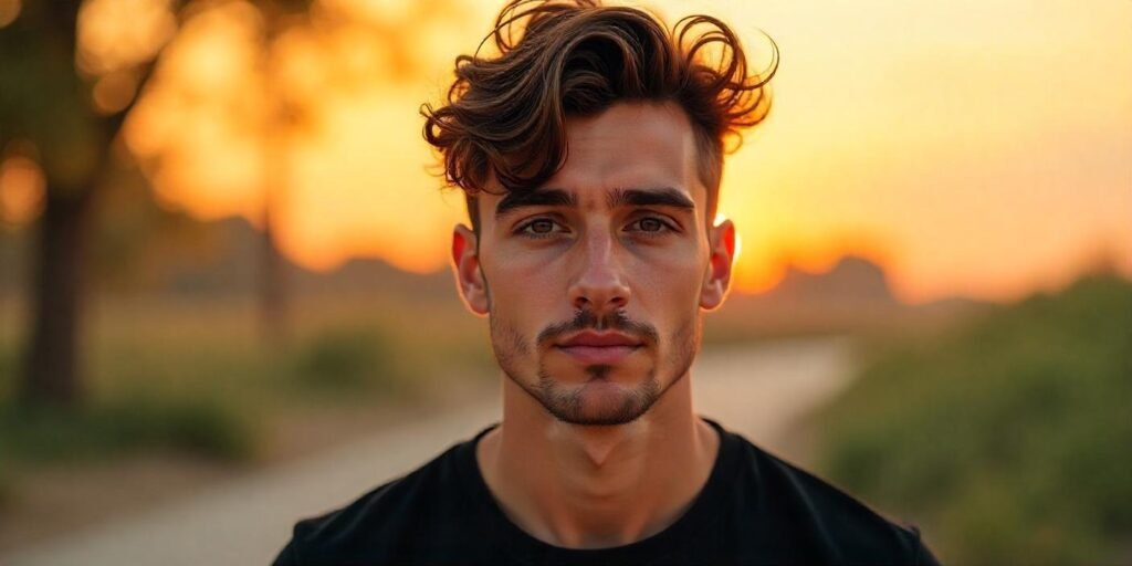 Young man with shaggy hair and undercut in a romantic, soft-lit background showcasing a textured, laid-back style.