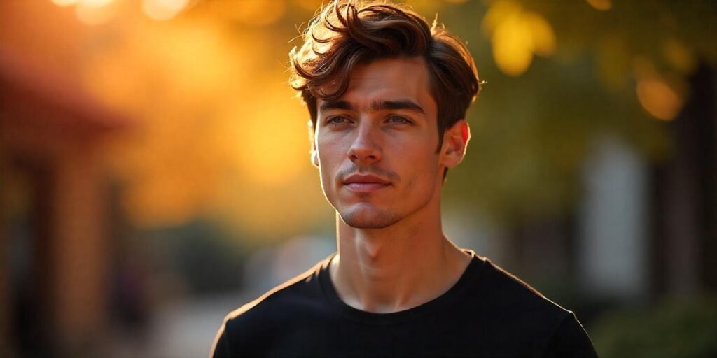 "Young man with a short shaggy haircut styled for a bold yet refined look in a romantic setting"