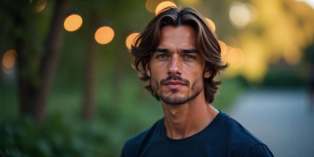 "Long shaggy hairstyle for men with layered texture, natural flow, and relaxed vibe in a romantic setting."