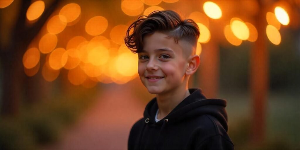 Teen boy with side part fade hairstyle wearing a black hoodie in romantic outdoor setting