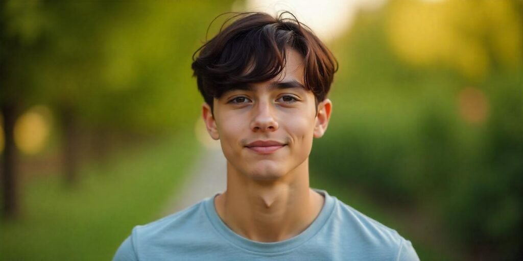 Teen boy with natural parted flow hairstyle, curtain fringe, wearing casual gray shirt