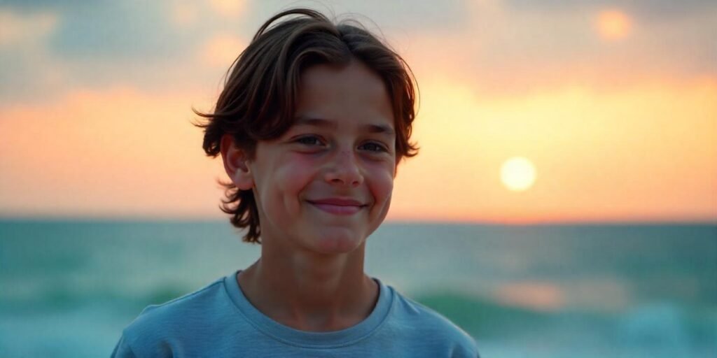 Teen boy with long hair on top, short sides, and a natural relaxed look in a romantic setting.