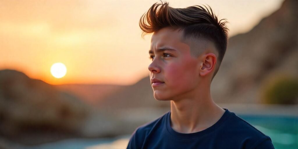 Teen boy with textured spiky hair and low taper fade hairstyle, standing in a romantic setting.