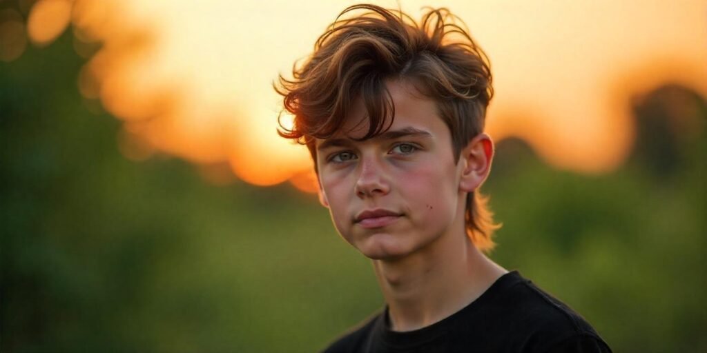 Teen boy with textured short mullet hairstyle, casual black t-shirt, and a romantic background
