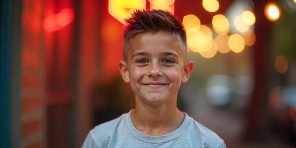 Realistic teen boy with buzz cut fade hairstyle, clean, sharp look, and confident expression