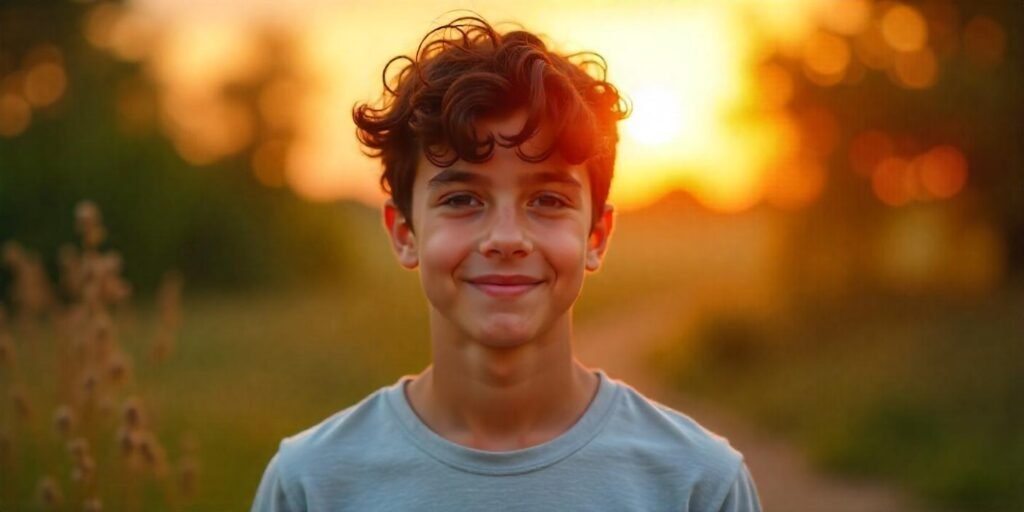 Teen boy with low-volume curls in a casual grey t-shirt, realistic neck, and soft romantic background.