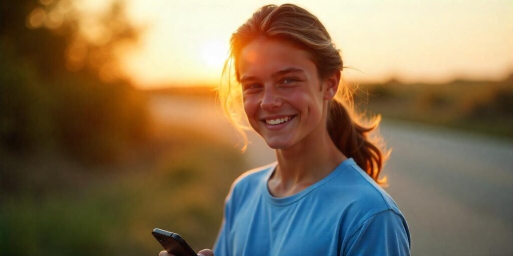 Teen boy with long brown hair styled in half-up, half-down look, casual light blue t-shirt,