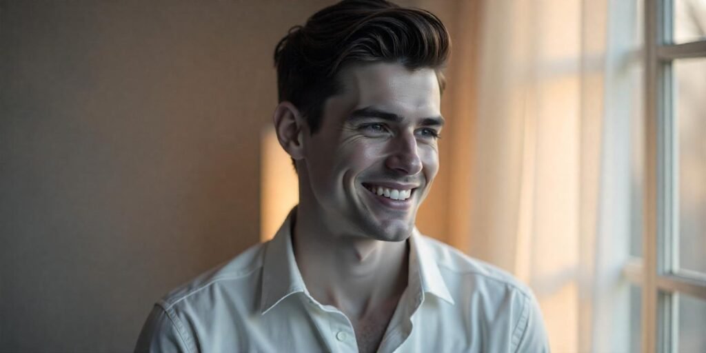"Realistic image of a man with Ivy League haircut styled for thin hair in a romantic background"







