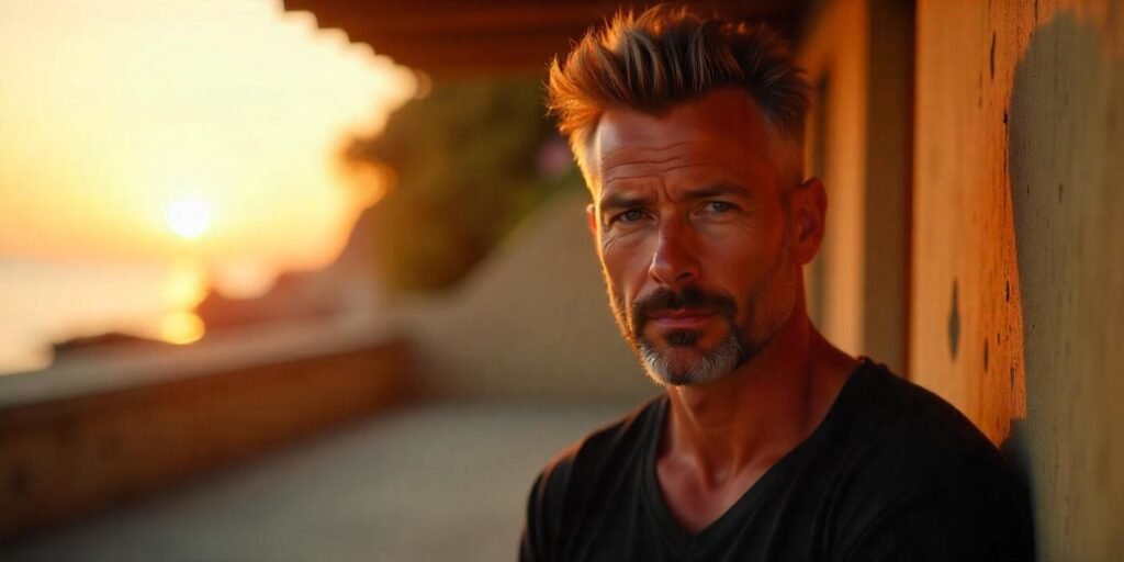 Realistic photo of a man with a tousled quiff hairstyle, dark roots, bleached ends, casual black t-shirt, romantic background.







