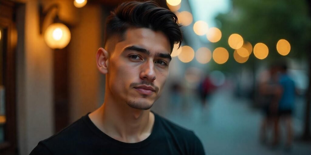 "Man with classic gelled hairstyle featuring short sides and small quiff for volume in romantic setting."







