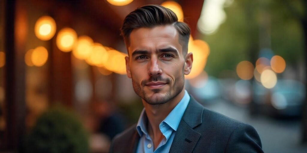 Slicked back business cut on a man with natural dark hair, wearing a gray suit in a romantic setting.







