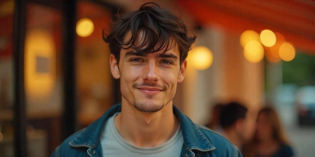 A young man with messy hair and a short fringe in a romantic setting, wearing a light T-shirt and denim jacket.







