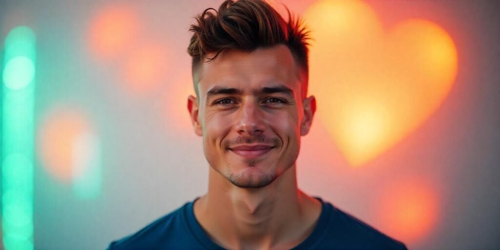 "Young man with a short spiked faux hawk hairstyle, wearing a casual shirt and standing in a romantic setting."







