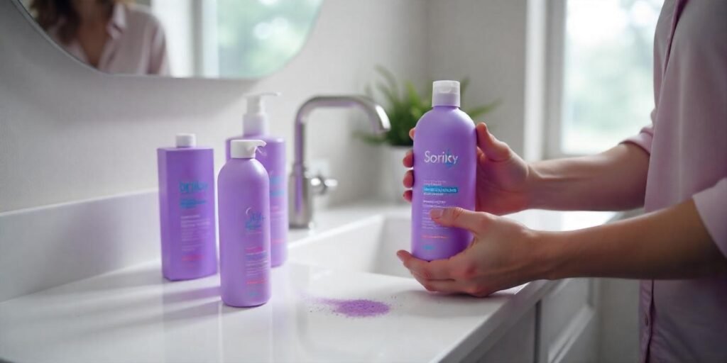  A person selecting the best purple shampoo with high-quality formula for neutralizing brassy tones.
