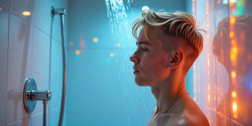 A person wetting their hair with lukewarm water, preparing for purple shampoo application.
