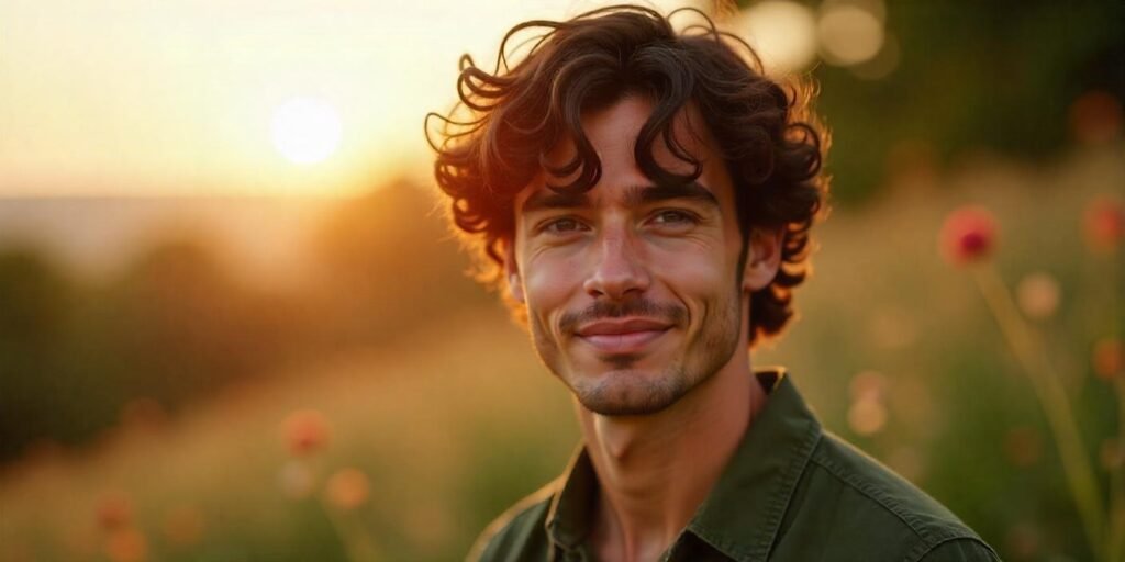 Young man with defined curly hair styled in a curtain hairstyle, with a calm and confident expression.