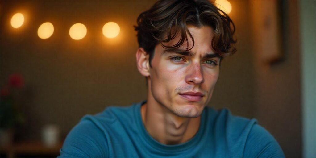 Close-up of a young man with medium brown curtain hairstyle, casual blue T-shirt, romantic background,