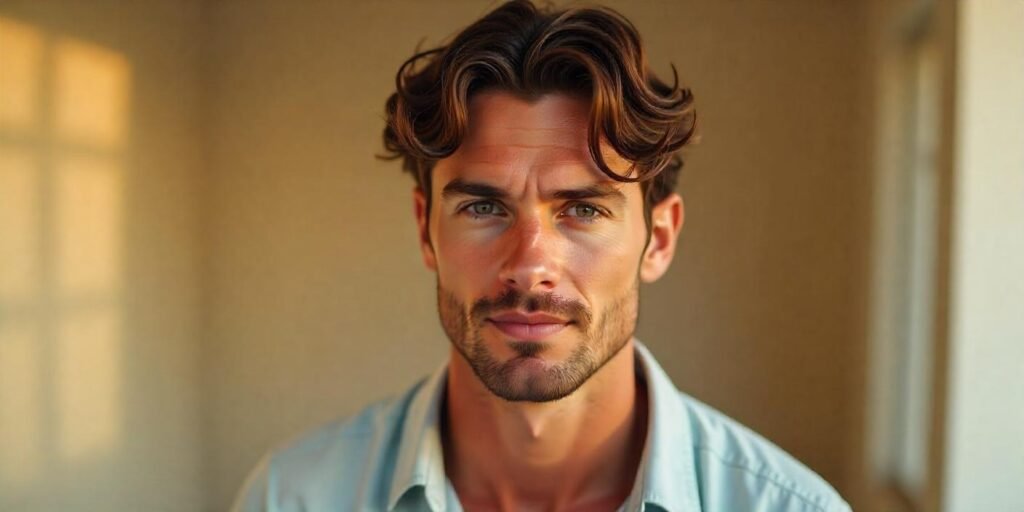 Man styling curtain hairstyle with texturizing serum, soft waves, and relaxed expression