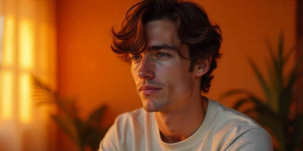 Realistic image of a man with curtain hairstyle, volume on top, soft waves, and relaxed expression