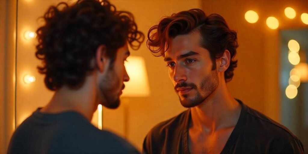 A man applying Motion Lotion to his towel-dried hair for extra movement and natural curls in a romantic setting.