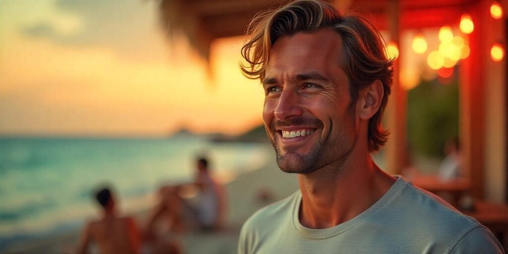 Realistic image of a male model with a curtain hairstyle featuring sun-kissed highlights and natural waves,