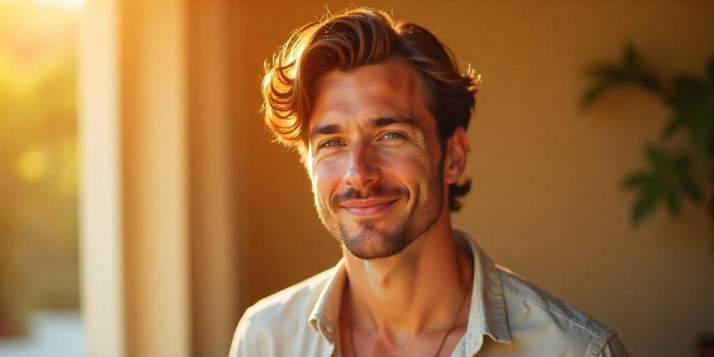 Realistic image of a man with a weightless waves curtain hairstyle, looking natural and full of volume,