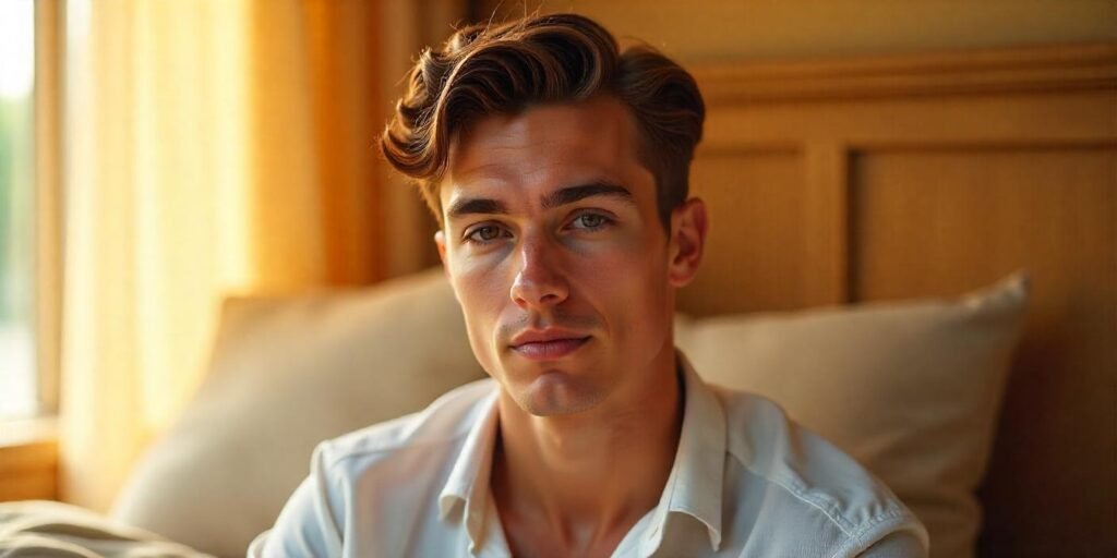 Realistic photo of a man with a tucked curtain hairstyle, wearing a casual shirt