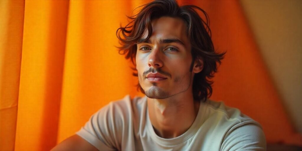 Shaggy long curtain hairstyle for men with textured hair, relaxed style, romantic vibe