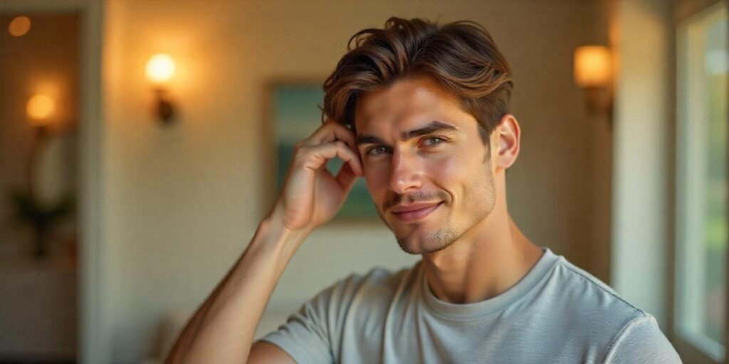 Men’s layered curtain hairstyle with textured, blow-dried hair, wearing a light gray T-shirt,