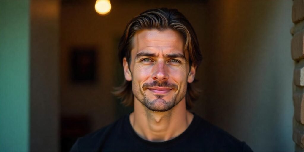 A man with a sleek center-parted curtain hairstyle, wearing a black t-shirt with a romantic background.