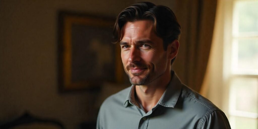 A mature man with a curtain hairstyle, dressed in a light gray shirt,