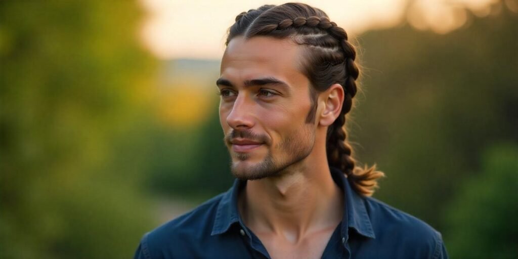 Realistic image of a man with curtain hairstyle and long braids, dressed in casual blue shirt,
