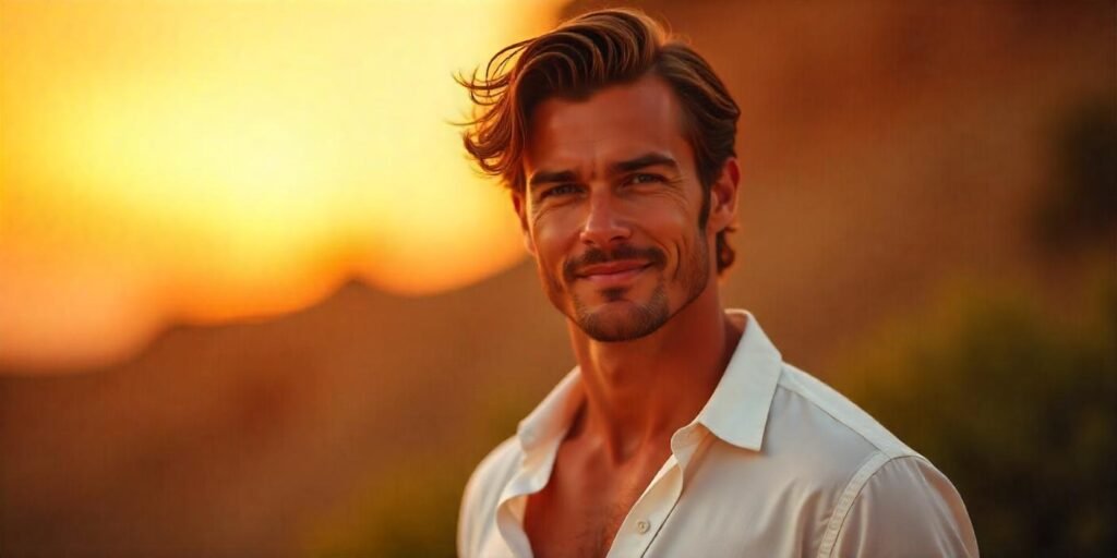 Heartthrob-worthy curtain hairstyle on a man with medium brown hair, dressed in a casual white shirt.