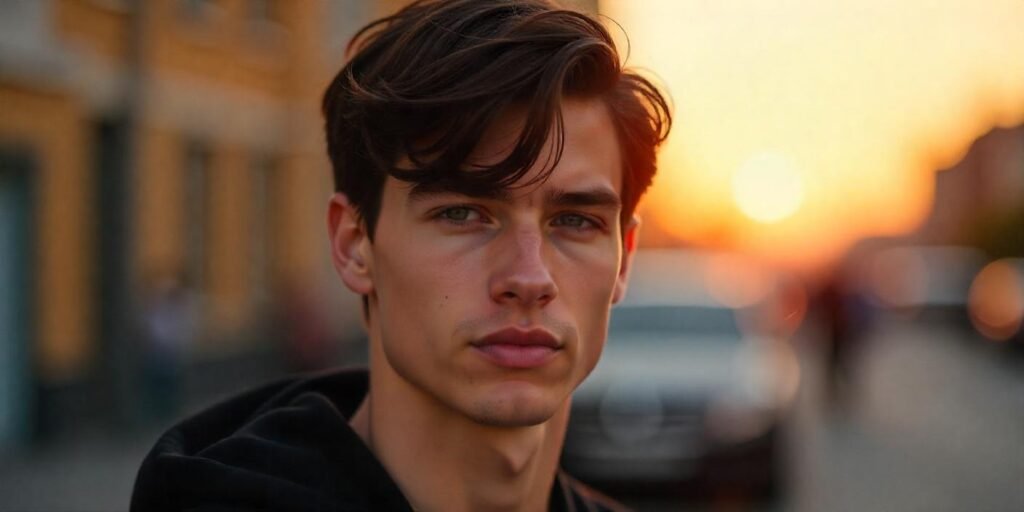 Young man with curtain hairstyle, curved bangs, and natural dark brown hair, wearing casual black shirt,
