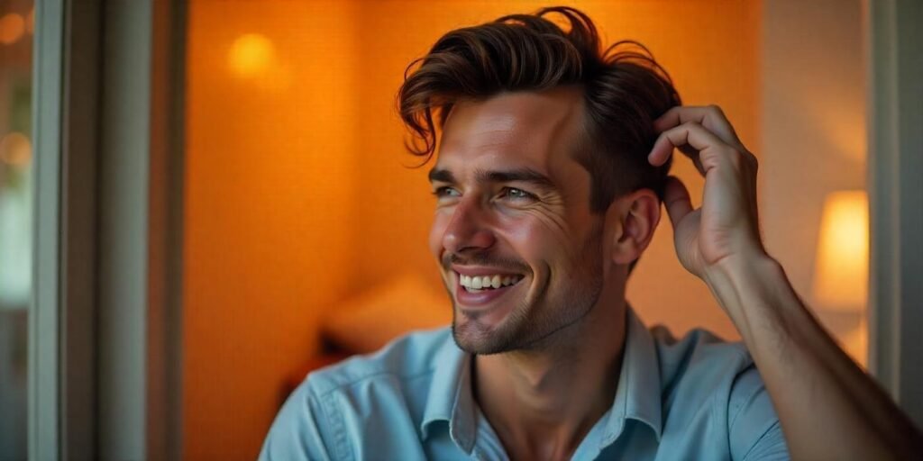 Man with a clean-cut curtain hairstyle in a romantic setting, showcasing healthy hair care routine